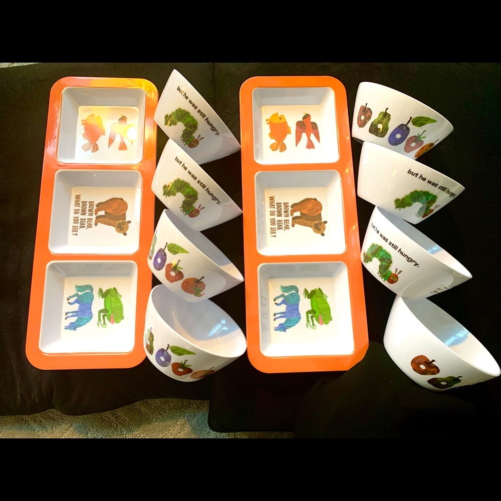 10 pc lot Eric Carle melamine set 8 bowls , 2 large platters